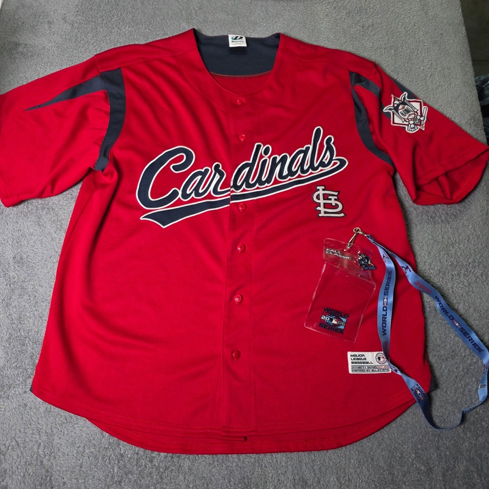 Dynasty Mens XL St Louis Cardinals Baseball Jersey Red Button 2006 Pin & Lanyard